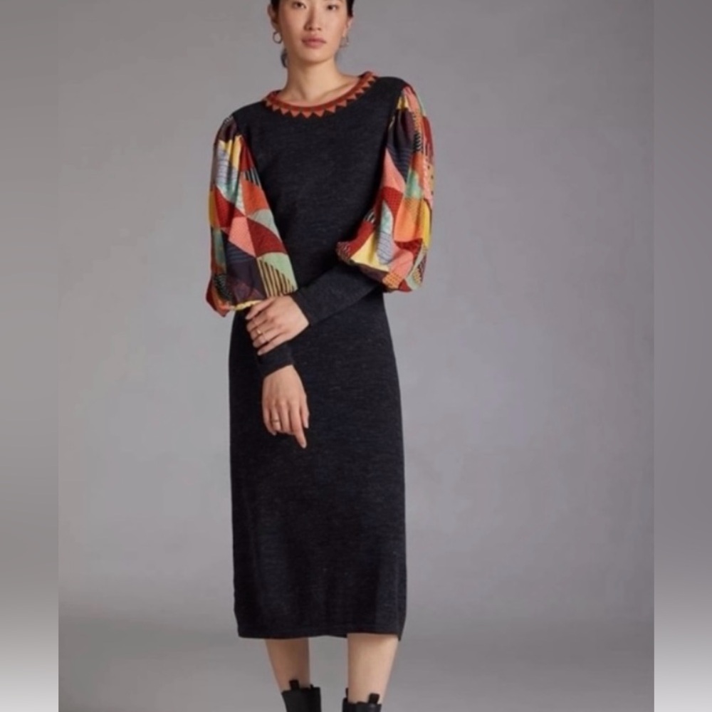 Anthropologie XL BLNK London Quilted Knit Midi black long sleeve pullover boho
